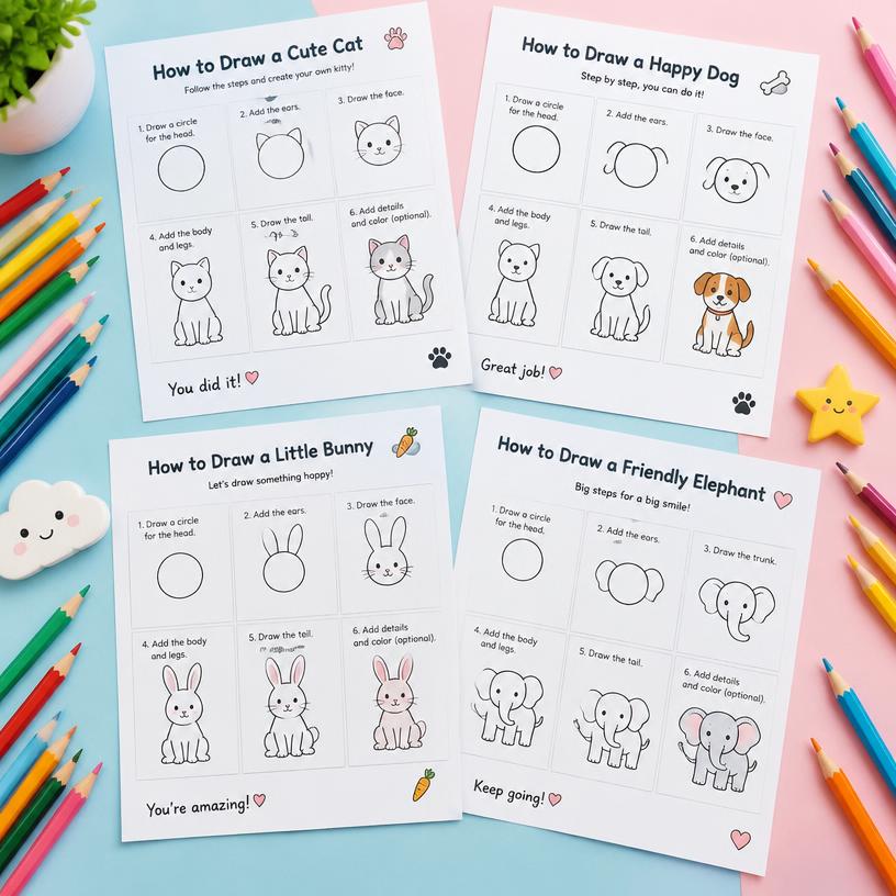 Illustrated drawing activity sheets for children