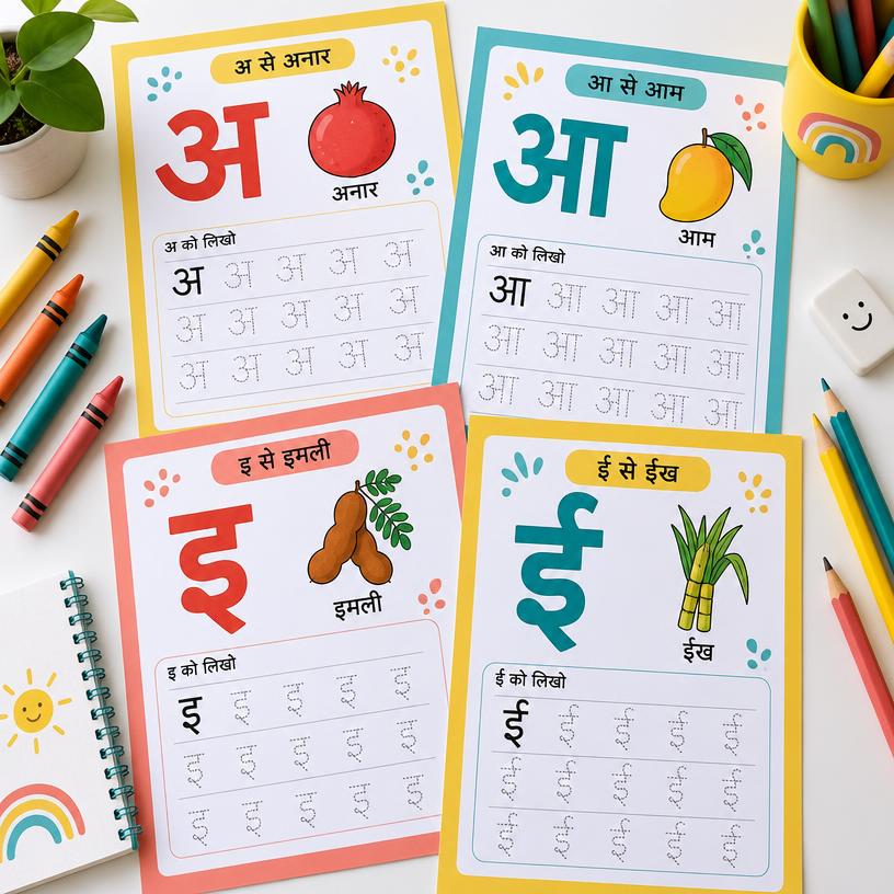 A4 Hindi vowel worksheets with Devanagari letters and picture prompts