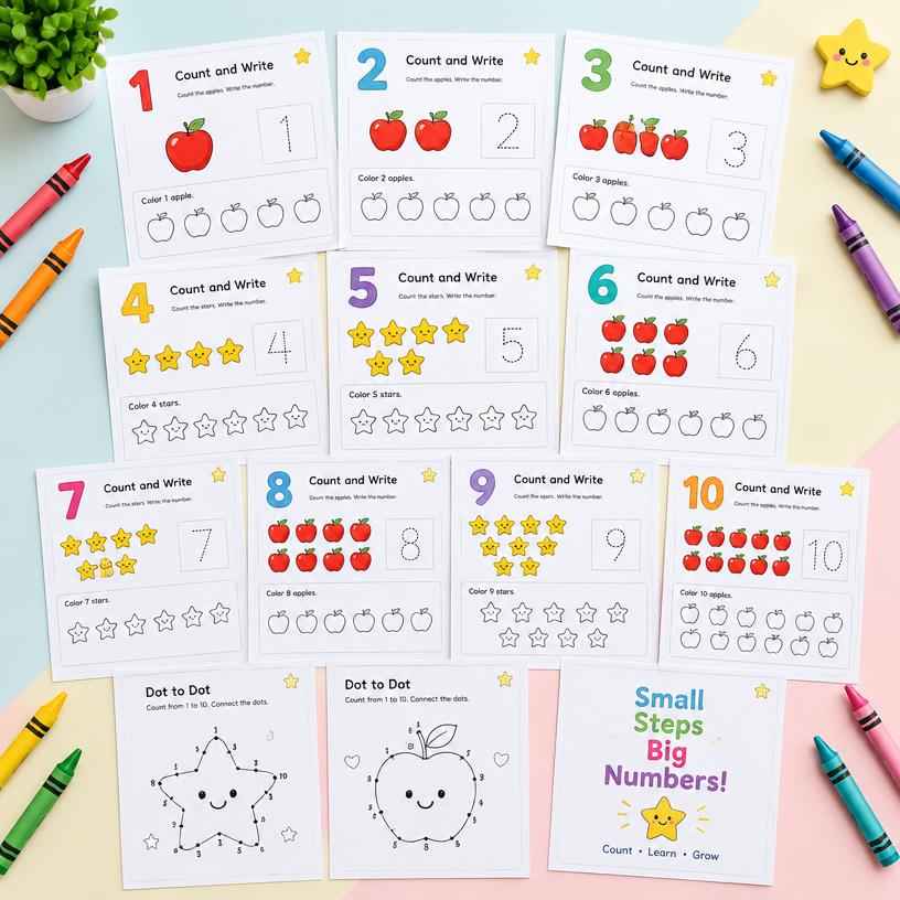 Printable number tracing and counting activity sheets