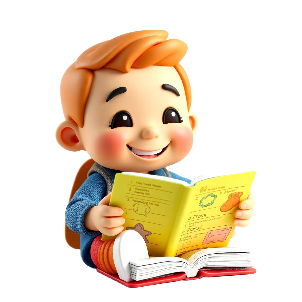 Happy kid reading a colorful worksheet